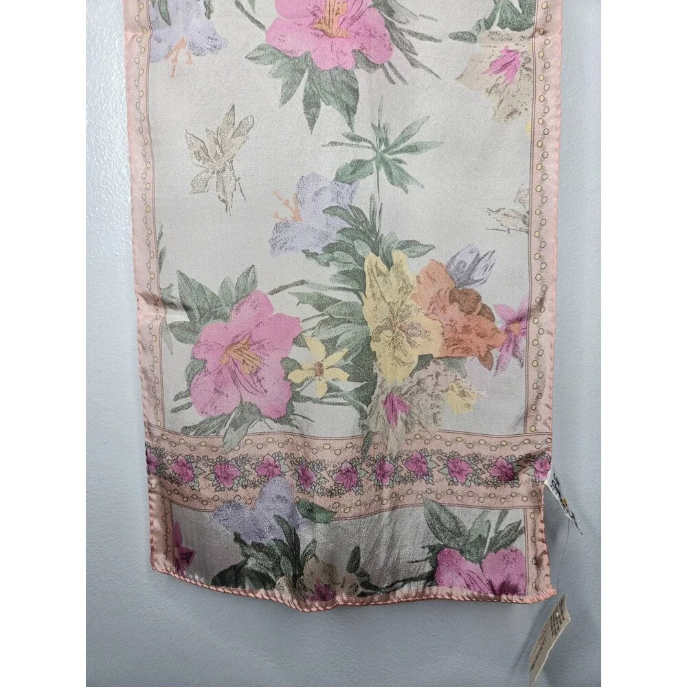 Vtg Liz Claiborne Silk Scarf Floral Rectangular 10x50 Made in Japan Cottagecore